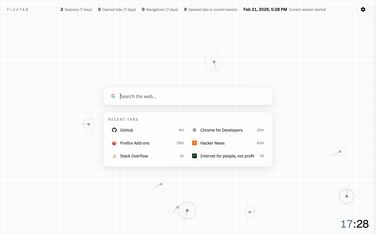 FluxTab dashboard screenshot with quick links and focused search